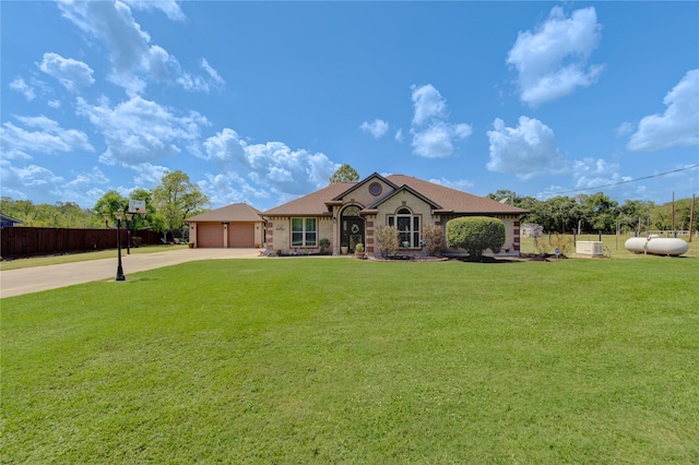 ranch-style house with a front yard and a garage