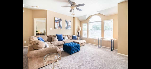 living room featuring ceiling fan and carpet floors