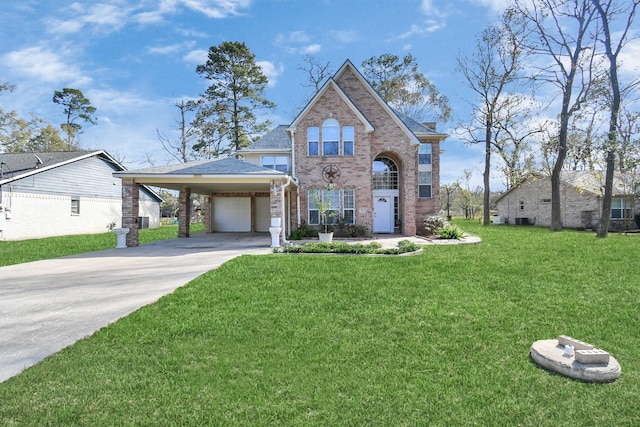 front facade with a carport and a front yard