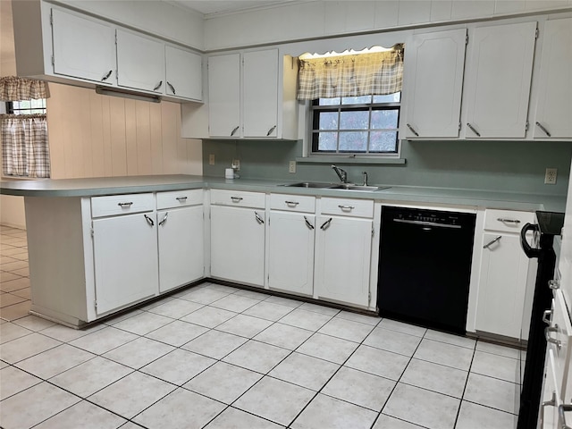 kitchen with dishwasher, white cabinets, light tile patterned flooring, and sink