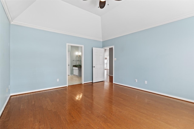 unfurnished bedroom with hardwood / wood-style flooring, ceiling fan, ornamental molding, and ensuite bathroom