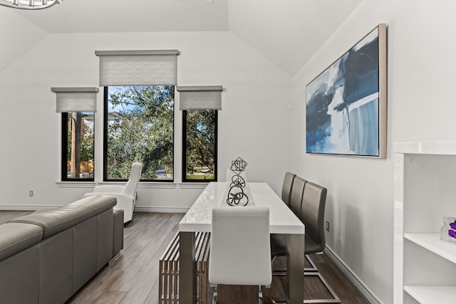 dining room featuring lofted ceiling and wood-type flooring