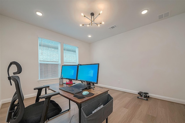 28212 Cedar Peak Dr, Spring, TX 77386 - office area featuring light wood-style floors, a chandelier, and recessed lighting