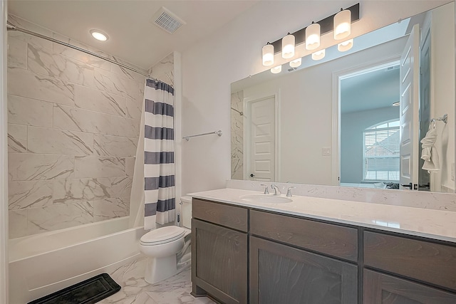 28212 Cedar Peak Dr, Spring, TX 77386 - full bath with marble finish floors, vanity, shower / bathtub combination with curtain, and recessed lighting