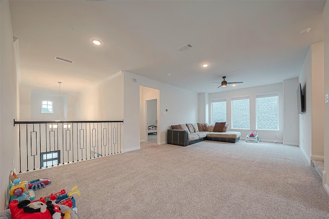 28212 Cedar Peak Dr, Spring, TX 77386 - living area featuring a ceiling fan, carpet flooring, and recessed lighting