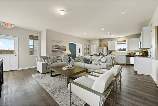 living room featuring plenty of natural light and dark wood-type flooring