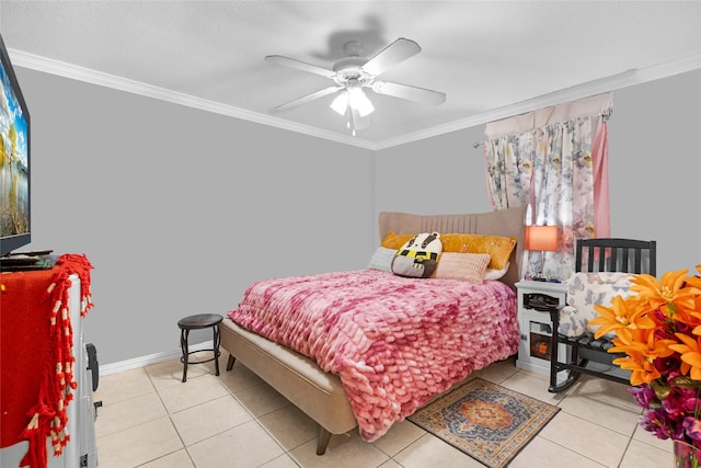 bedroom featuring ceiling fan, light tile patterned floors, and ornamental molding