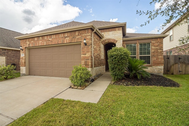 view of front of property featuring a garage and a front lawn