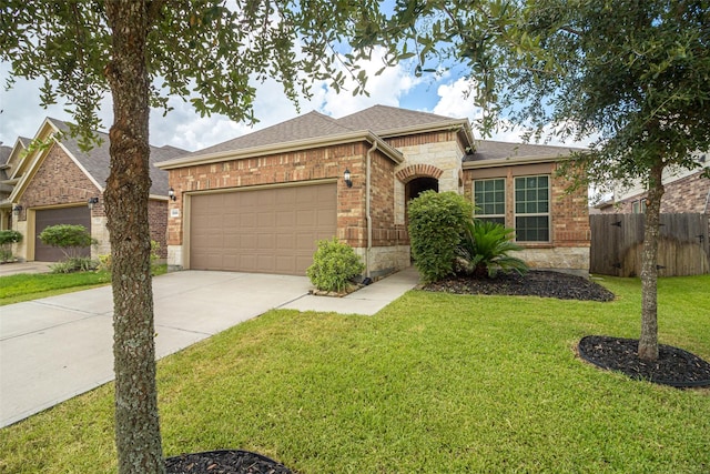 single story home featuring a front yard and a garage