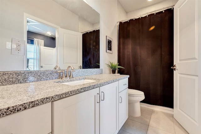 bathroom with tile patterned flooring, vanity, toilet, and ceiling fan