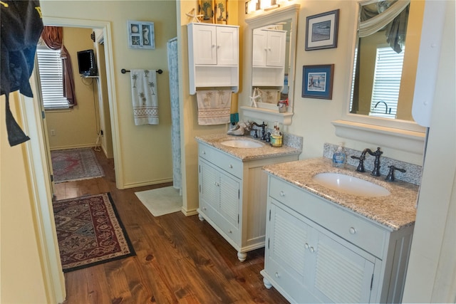 bathroom with vanity and hardwood / wood-style flooring