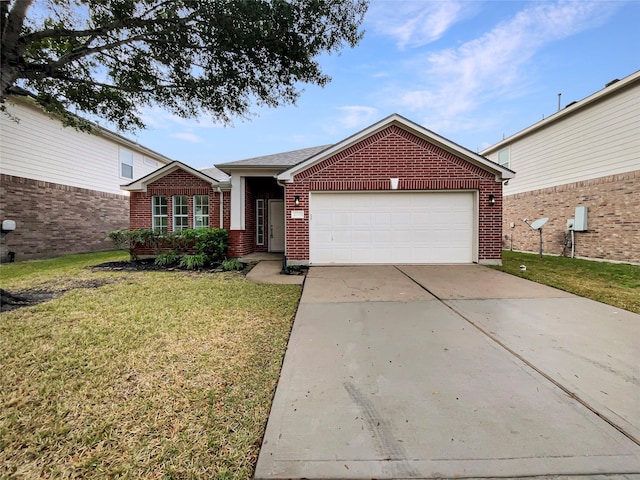 single story home with a garage and a front lawn