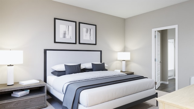 bedroom with dark hardwood / wood-style flooring