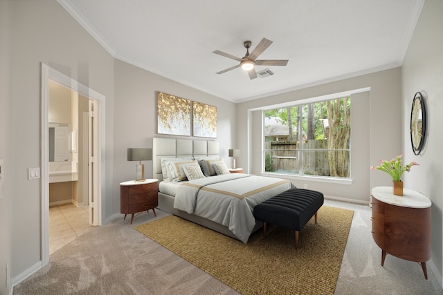 carpeted bedroom featuring ceiling fan, ensuite bathroom, and ornamental molding