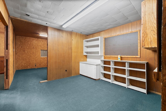 basement with wooden walls and dark carpet