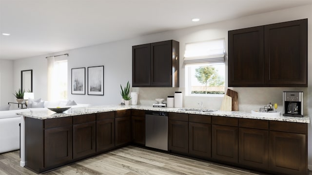 kitchen with stainless steel dishwasher, dark brown cabinets, kitchen peninsula, and light hardwood / wood-style flooring