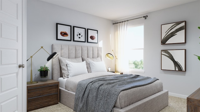 bedroom featuring light colored carpet and multiple windows