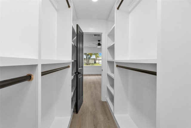 walk in closet with ceiling fan and light hardwood / wood-style flooring