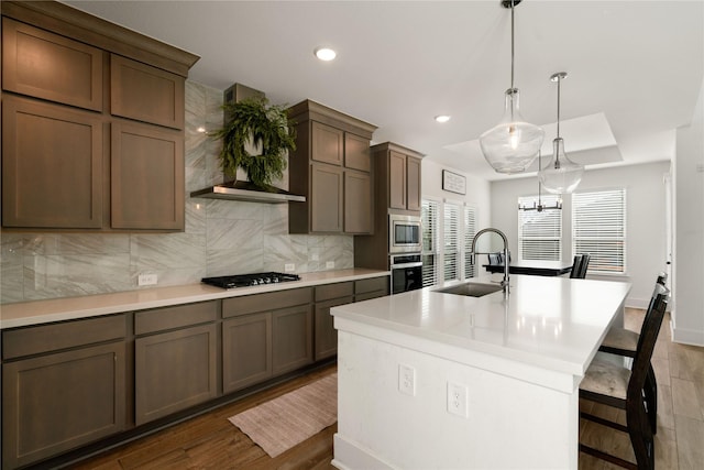 kitchen with backsplash, wall chimney exhaust hood, stainless steel appliances, sink, and an island with sink