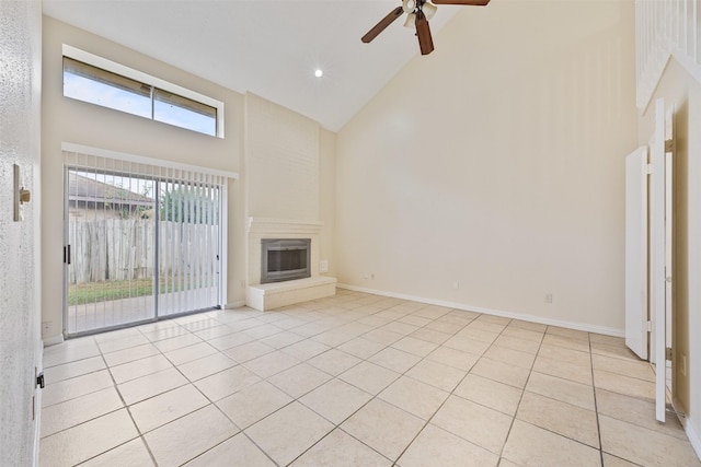 12406 S Rylander Cir, Houston, TX 77071 - unfurnished living room featuring high vaulted ceiling, a ceiling fan, light tile patterned floors, a large fireplace, and recessed lighting