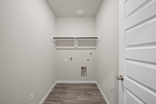 washroom with washer hookup, dark wood-style flooring, electric dryer hookup, laundry area, and baseboards