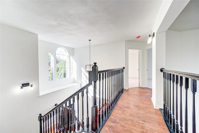 hall with wood-type flooring and an inviting chandelier