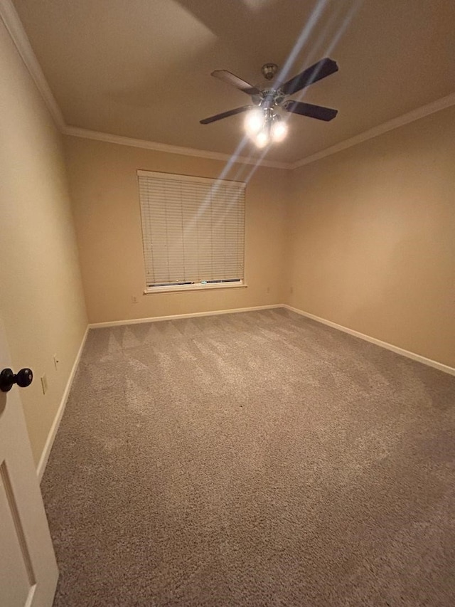 carpeted spare room featuring ceiling fan and crown molding