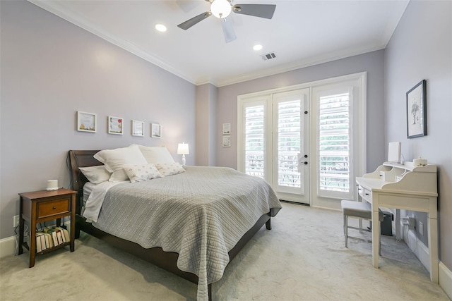 carpeted bedroom featuring ceiling fan, access to exterior, and ornamental molding