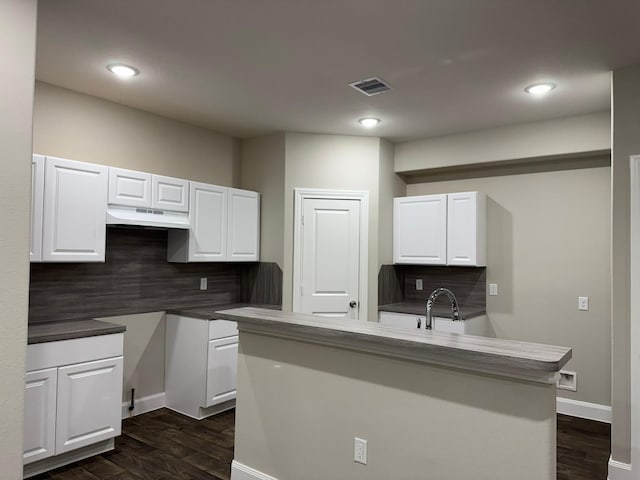 kitchen with white cabinets, dark hardwood / wood-style floors, and backsplash