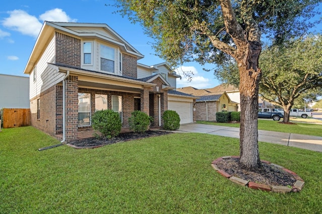 view of front of home featuring a porch, a front yard, and a garage