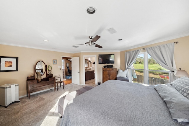 bedroom featuring light carpet, visible vents, a ceiling fan, and ornamental molding