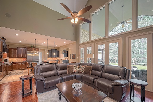 living room with a wealth of natural light, high vaulted ceiling, and light wood-type flooring