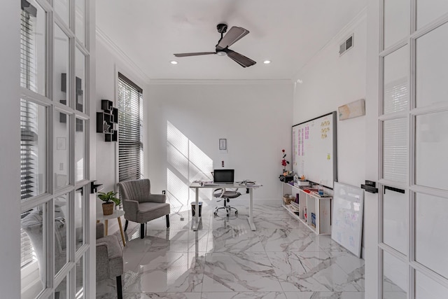 office space with ceiling fan, crown molding, and french doors