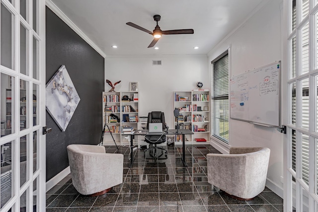 home office featuring ceiling fan, french doors, and ornamental molding