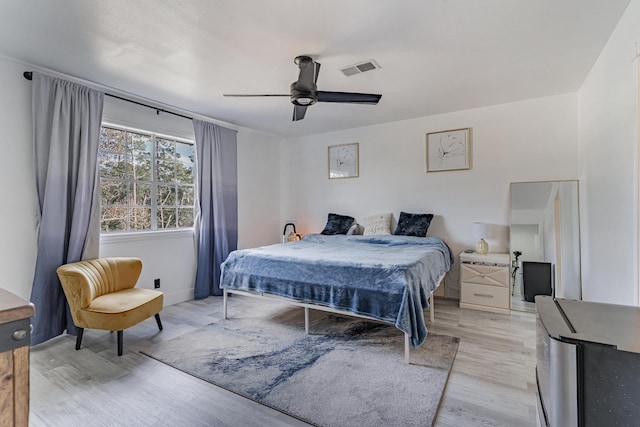 bedroom with ceiling fan and light wood-type flooring