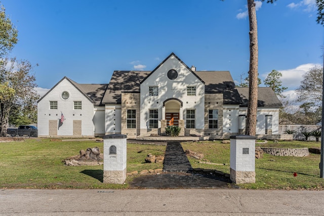 french provincial home with a front yard