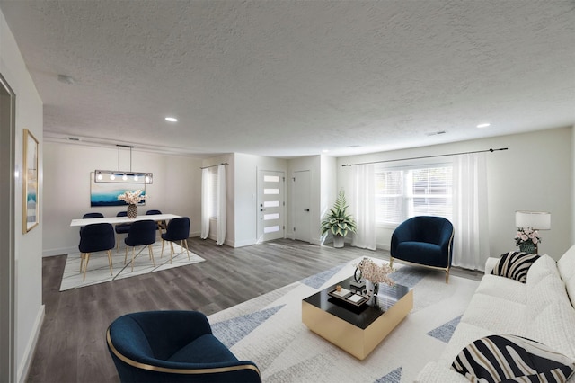 living room with a textured ceiling and hardwood / wood-style flooring