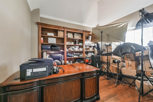 home office featuring wood-type flooring and ornamental molding