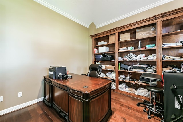 office area featuring dark hardwood / wood-style flooring and ornamental molding