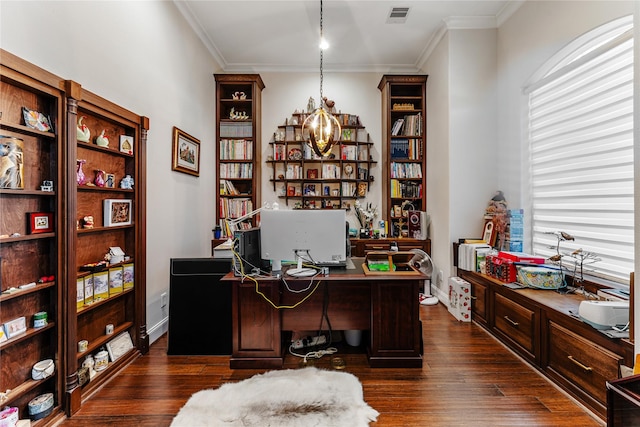 office featuring crown molding, dark hardwood / wood-style floors, and a chandelier