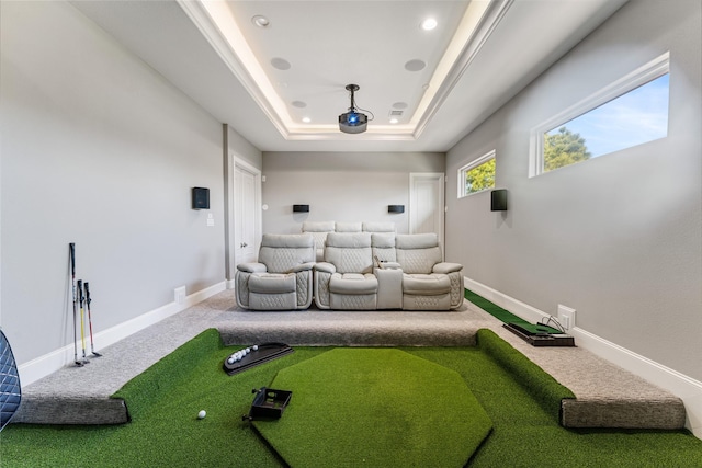 carpeted cinema room featuring golf simulator and a raised ceiling