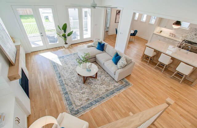 living room with wood-type flooring and french doors