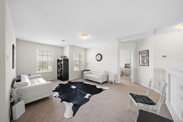 bedroom featuring light colored carpet