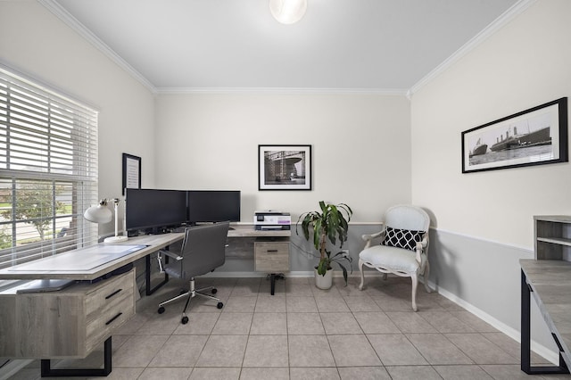 tiled home office featuring ornamental molding