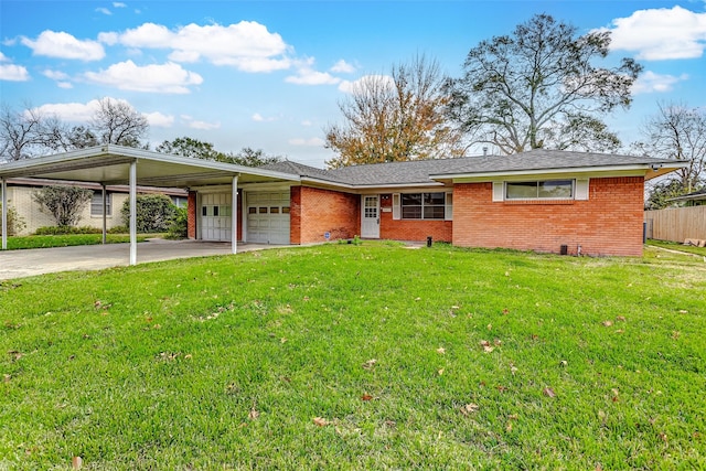 ranch-style house with a front lawn, a garage, and a carport