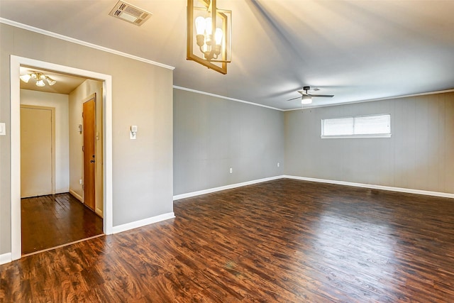 unfurnished room with ceiling fan, dark hardwood / wood-style flooring, and ornamental molding