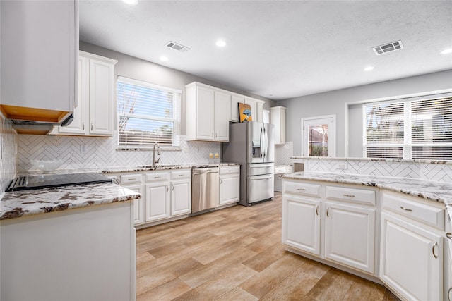 kitchen with a wealth of natural light, white cabinetry, sink, stainless steel appliances, and backsplash