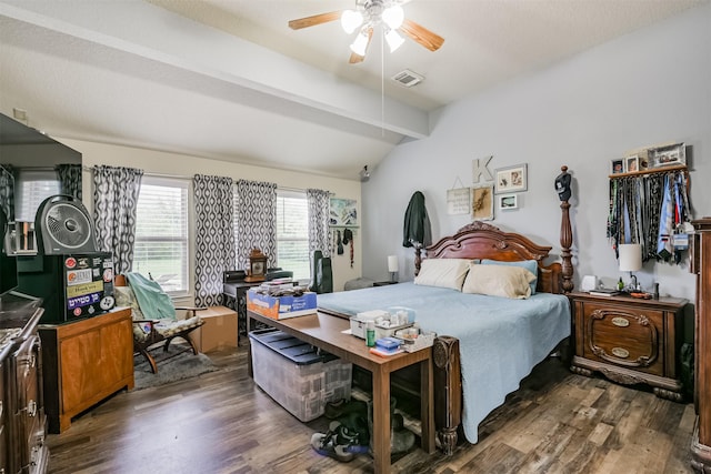 bedroom with ceiling fan, lofted ceiling with beams, and dark hardwood / wood-style flooring