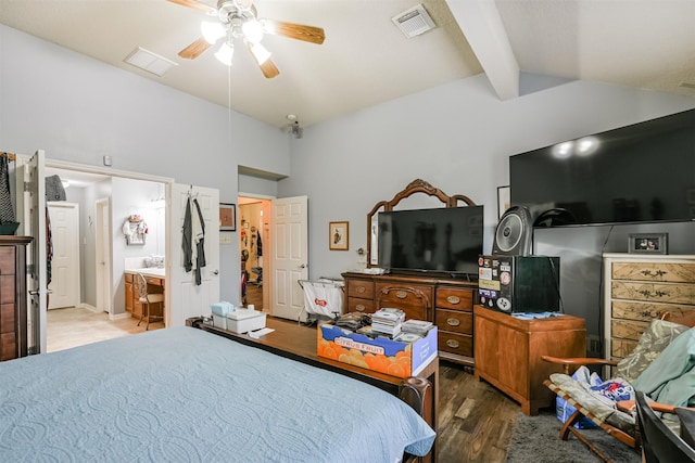 bedroom with high vaulted ceiling, ensuite bathroom, ceiling fan, beam ceiling, and dark hardwood / wood-style flooring