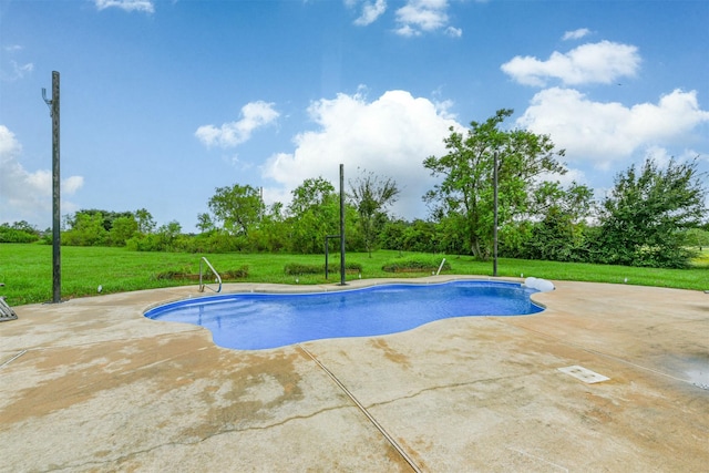 view of pool with a patio and a lawn